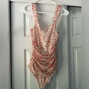 Lulu's Floral Print Bodysuit in Red and White